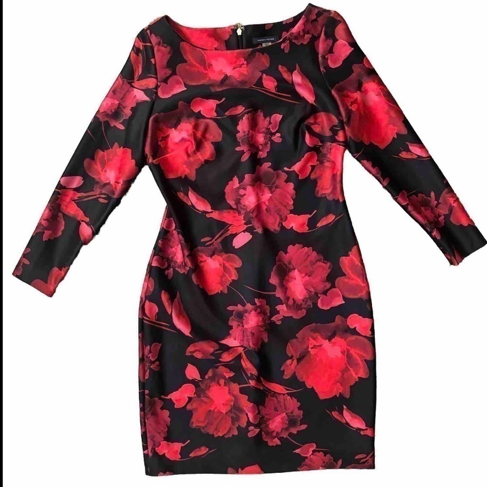 Tommy Hilfiger Black Red Floral Sheath 3/4 Zip Sleeve Career Dress‎ Size 8